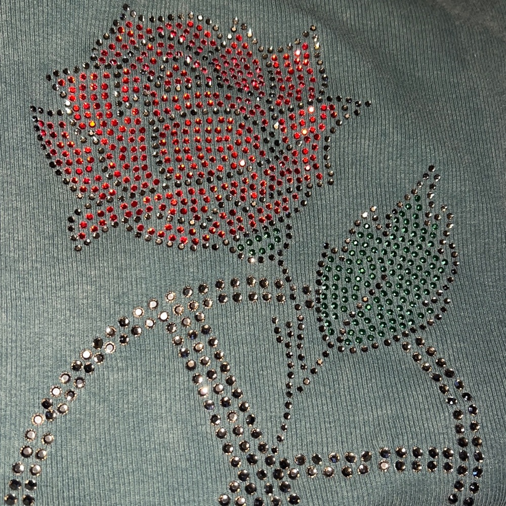 One World Olive Green Vintage Wash Ribbed Rose Peace Design Top - Picture 8 of 13